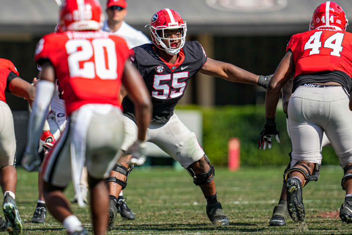 Apr 15, 2023; Athens, GA, USA; Georgia Bulldogs offensive lineman Jared Wilson (55) blocks during the Georgia Spring Game at Sanford Stadium. Mandatory Credit: Dale Zanine-USA TODAY Sports